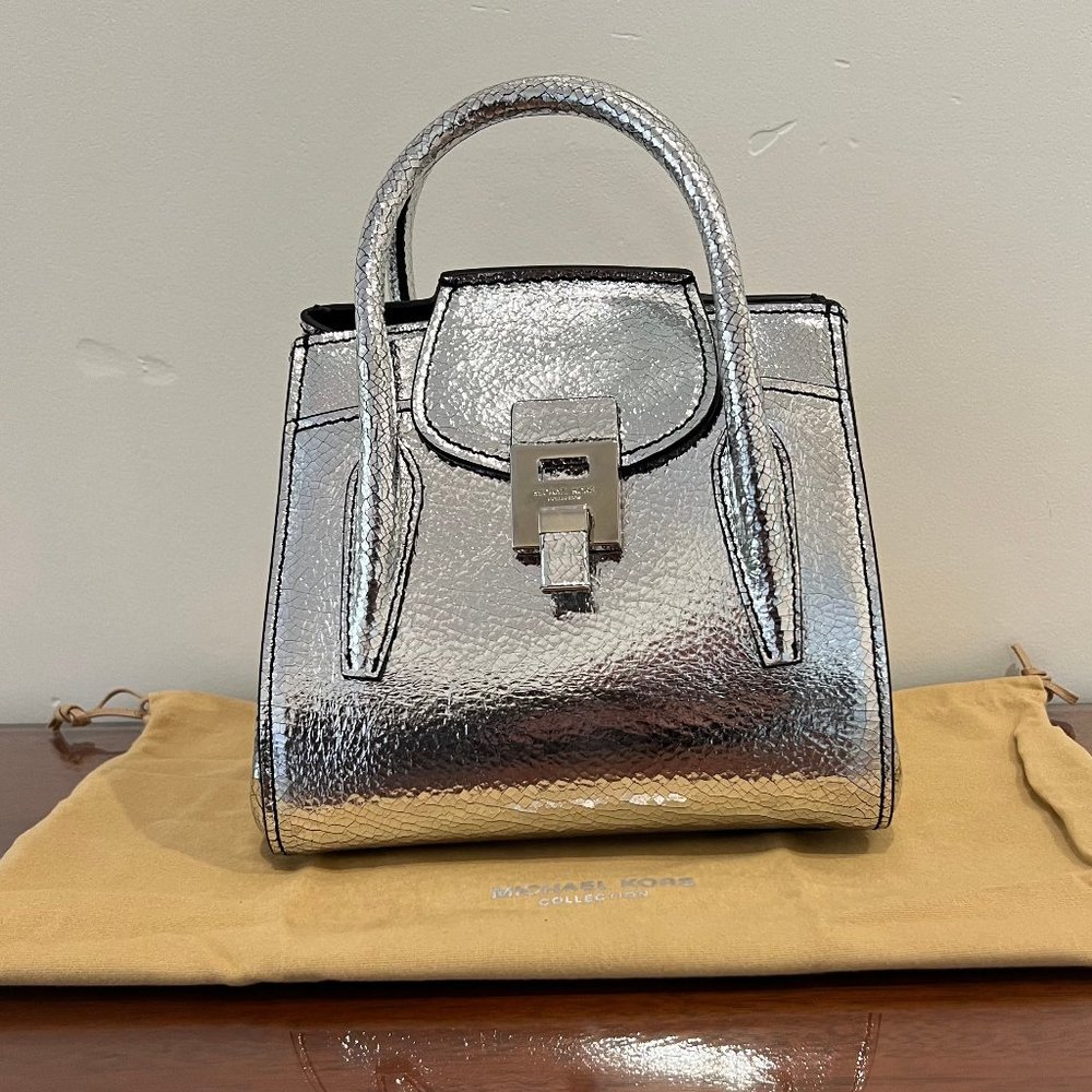 NWT Michael Kors Collection Bancroft Mini Crackled Metallic Leather Satchel